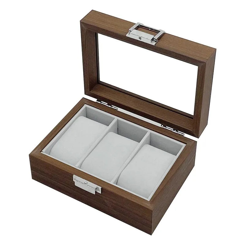 3 Slots Retro Series Walnut Dark Wood Box for Watches With Grey Velvet Interior