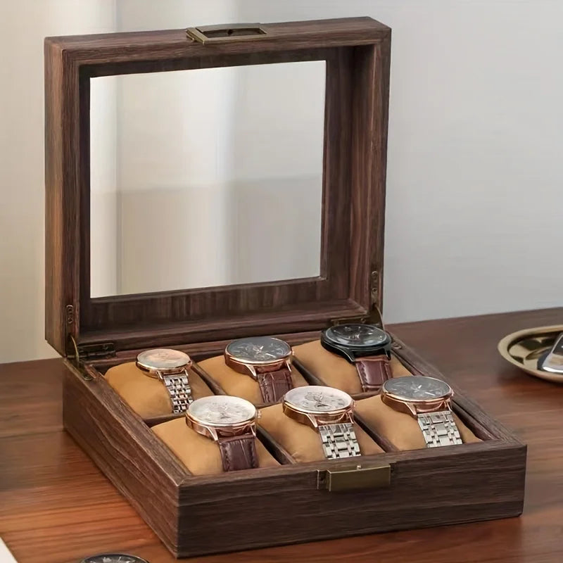 wood grain watch storage box 6-slot capacity soft pillow wristwatch display box