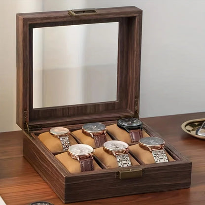 wood grain watch storage box 6-slot capacity soft pillow wristwatch display box