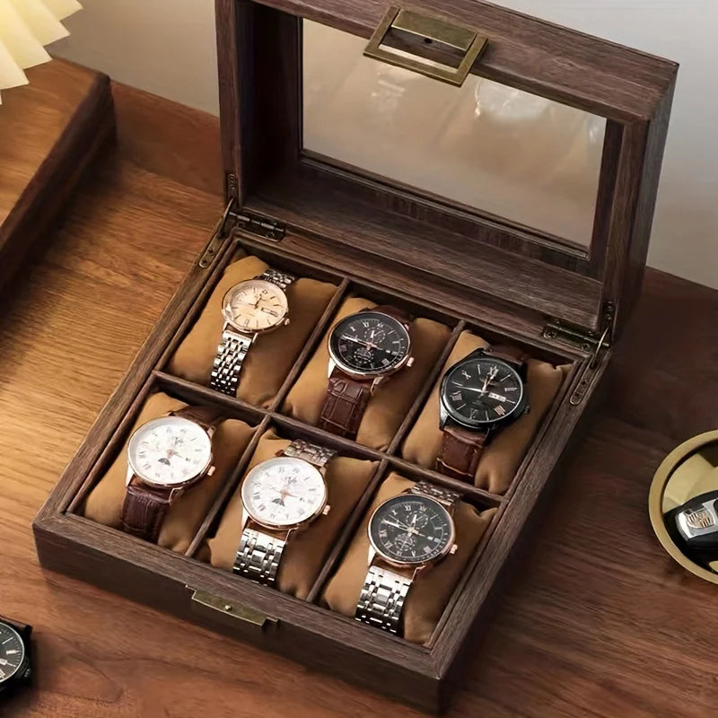 wood grain watch storage box 6-slot capacity soft pillow wristwatch display box