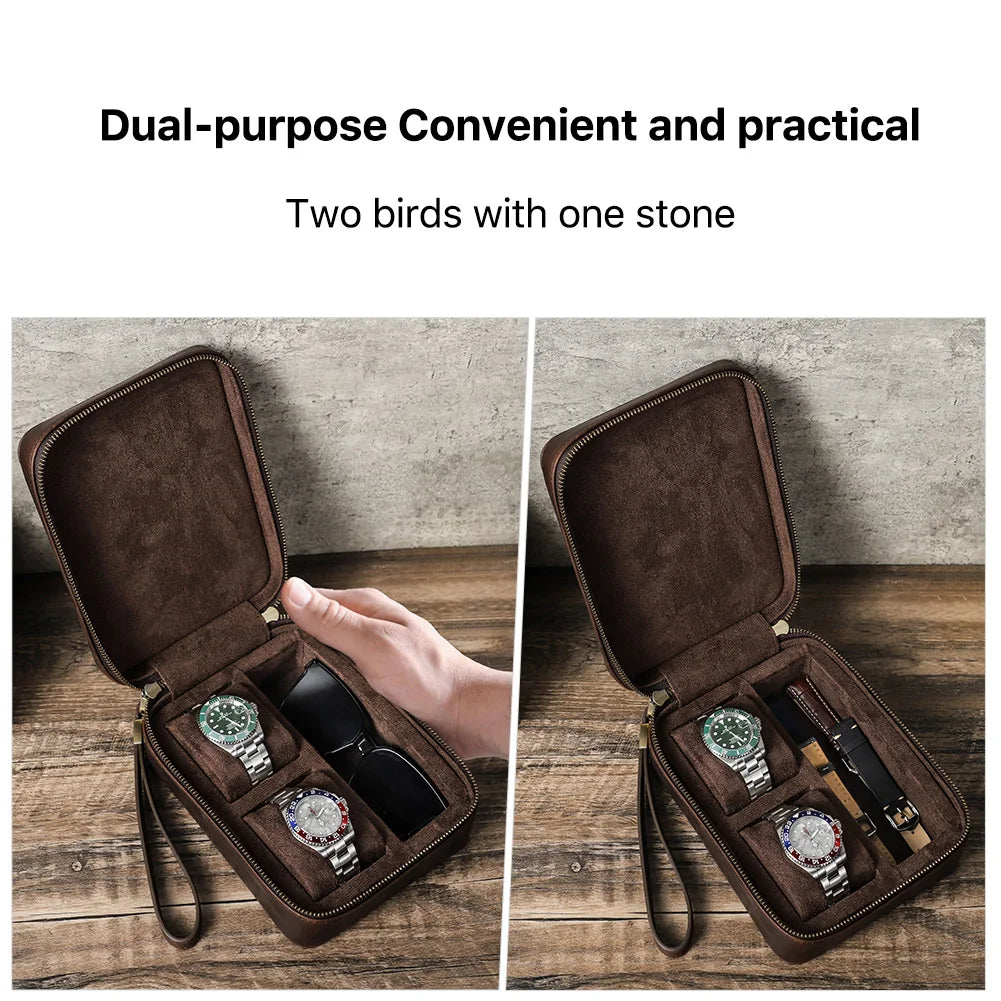 Genuine Leather two slot Watch Travel Case with Sunglasses slot Soft suede Lining