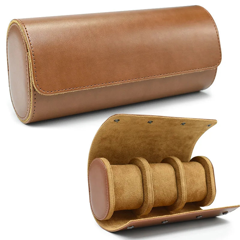 Biscuit brown leather Watch Roll Travel Case