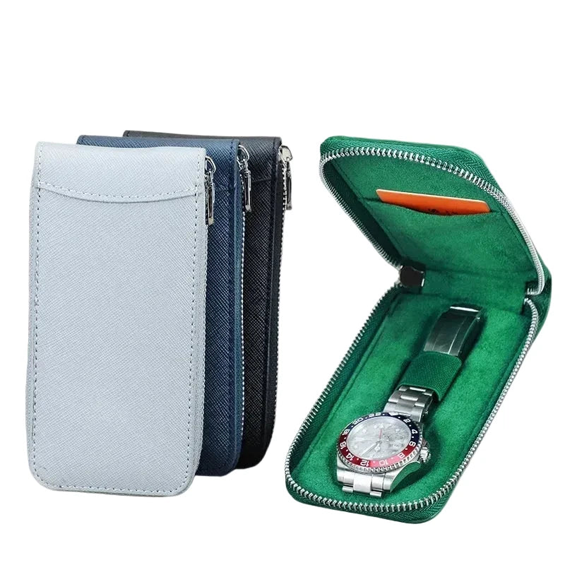 Genuine saffiano Leather single Watch Case with card slot