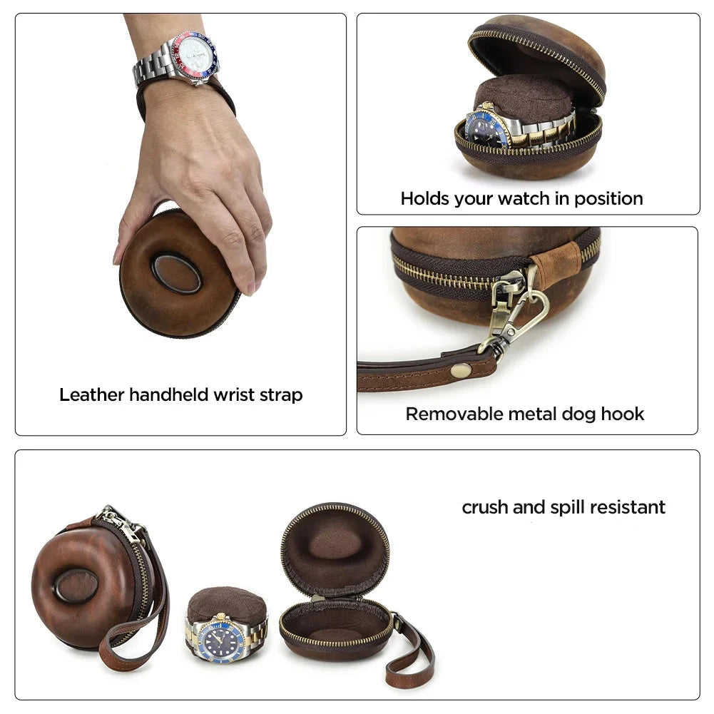 hard shell Genuine Leather travel Zipper Watch Storage case