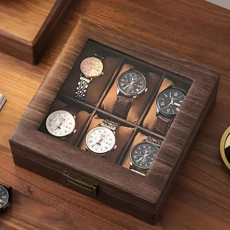 wood grain watch storage box 6-slot capacity soft pillow wristwatch display box