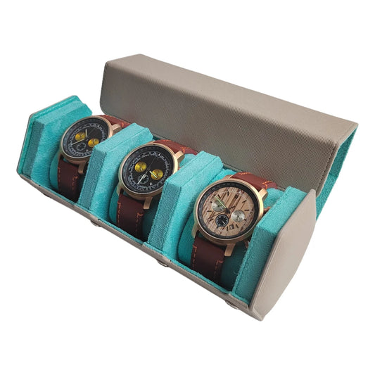 Hexago 3-Slot Watch Roll Travel Case Portable Leather Storage Box Watch Organizers