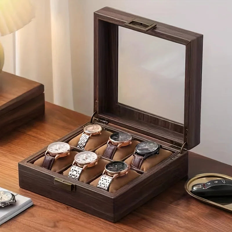 wood grain watch storage box 6-slot capacity soft pillow wristwatch display box