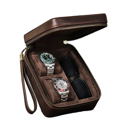 Genuine Leather two slot Watch Travel Case with Sunglasses slot Soft suede Lining