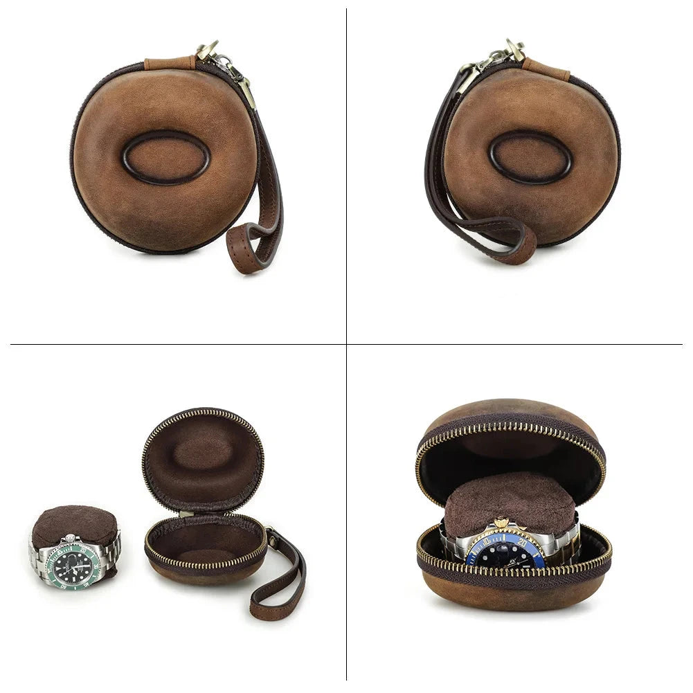 hard shell Genuine Leather travel Zipper Watch Storage case