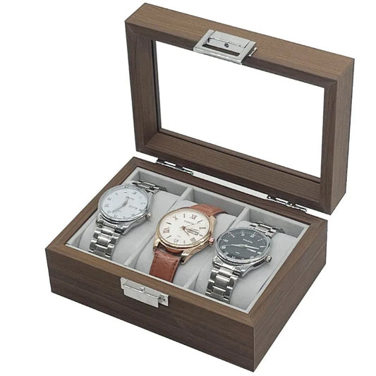 3 Slots Retro Series Walnut Dark Wood Box for Watches With Grey Velvet Interior