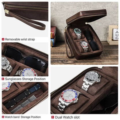 Genuine Leather two slot Watch Travel Case with Sunglasses slot Soft suede Lining