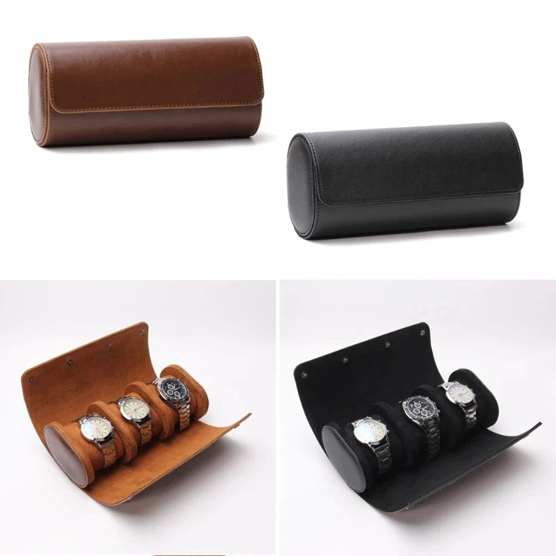 Watch Roll Travel Case - 3 slot Watch Storage black or brown leather