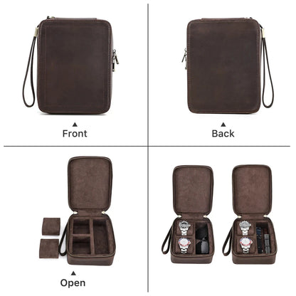 Genuine Leather two slot Watch Travel Case with Sunglasses slot Soft suede Lining