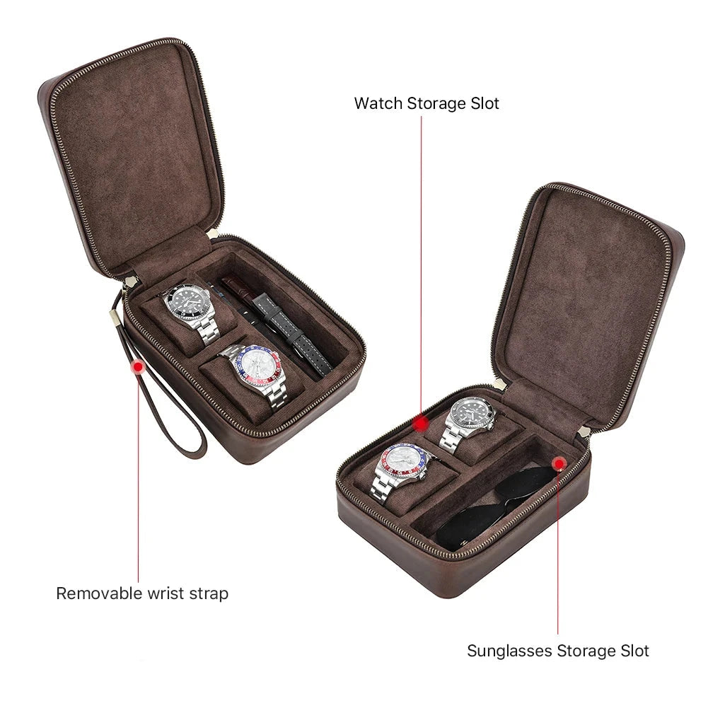 Genuine Leather two slot Watch Travel Case with Sunglasses slot Soft suede Lining