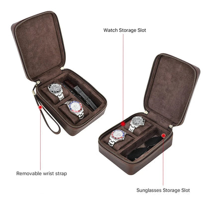 Genuine Leather two slot Watch Travel Case with Sunglasses slot Soft suede Lining