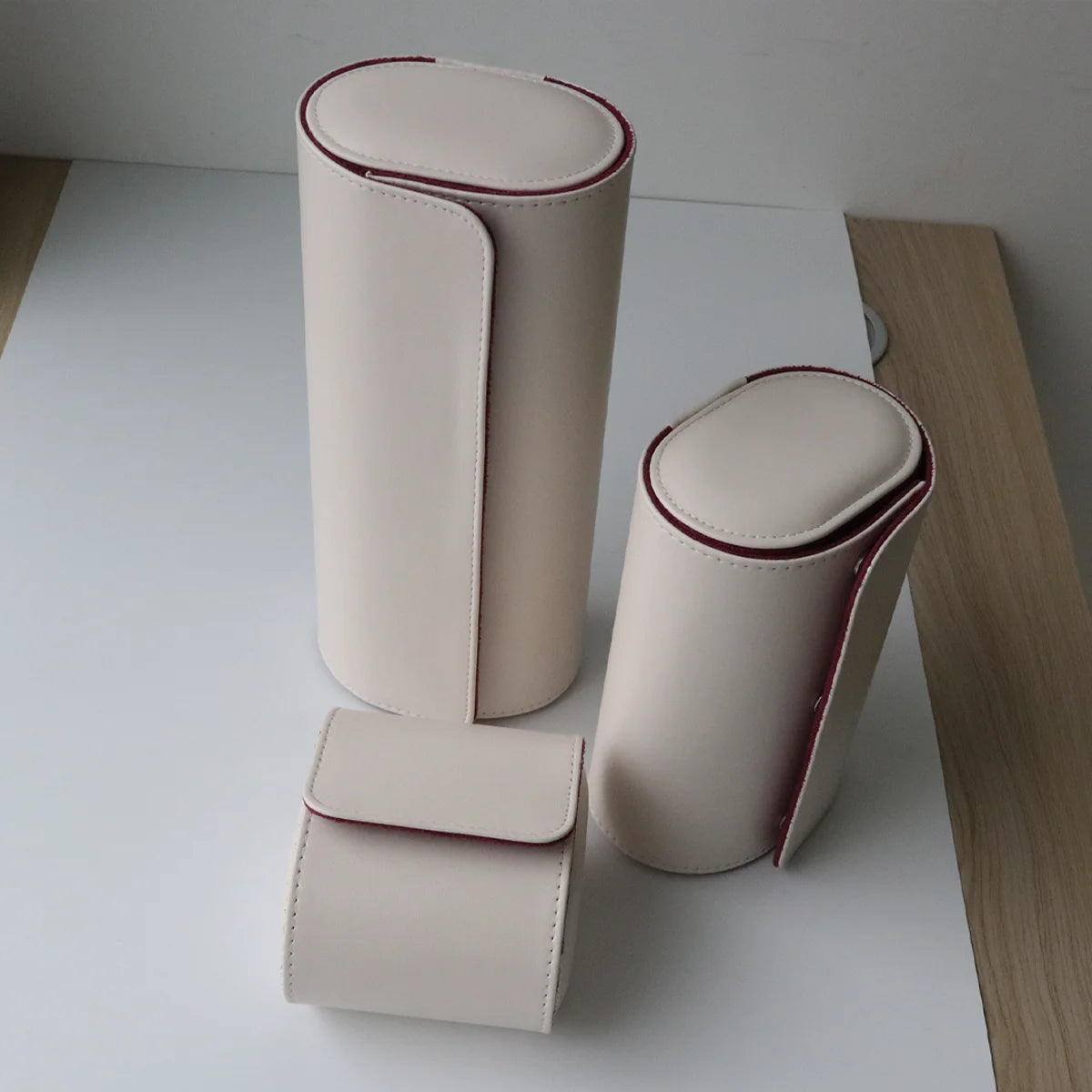 luxury beige Watch Roll with red velvet