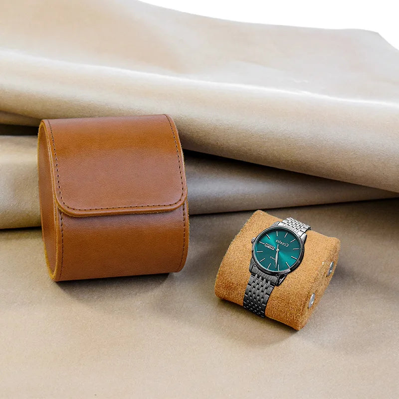 Biscuit brown leather Watch Roll Travel Case